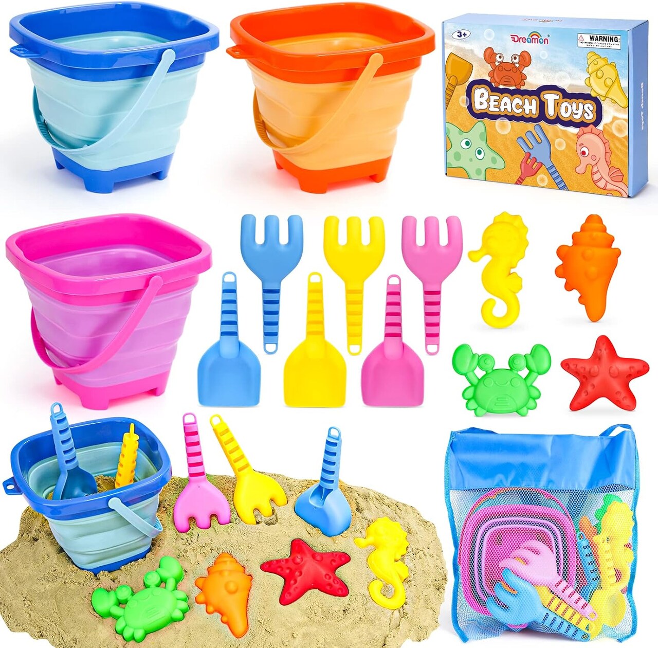 Summer Beach Toys for Kids 3-10, Collapsible Sand Castle Toys for Beach Include 3 Pack Foldable Buckets, Shovels Molds and Storage Mesh Bag, Sandbox Travel Toys for Toddlers Kids